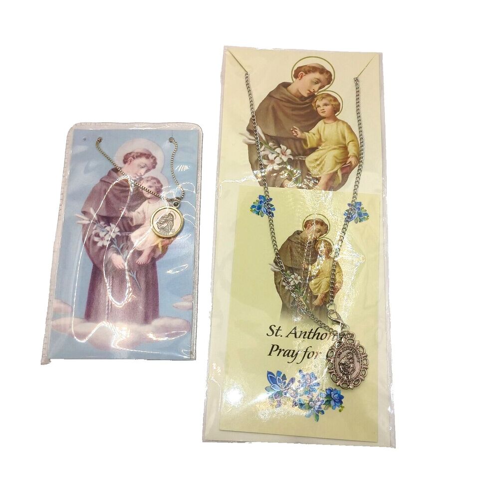 Lot of 2 Patron St Anthony Pray for Us Necklaces Pendants Silver Tone Metal New